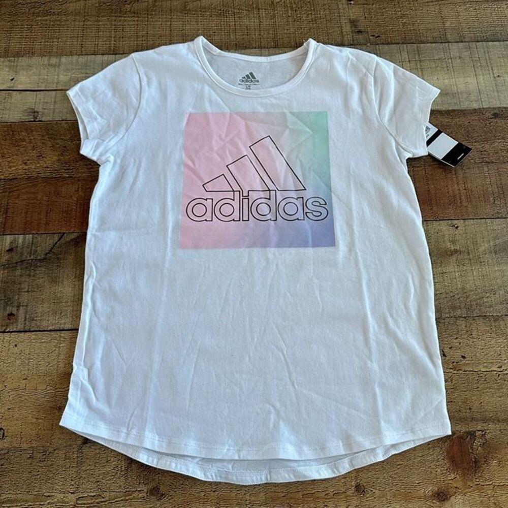 Adidas girls short sleeve graphic tee t-shirt in white and pink -L